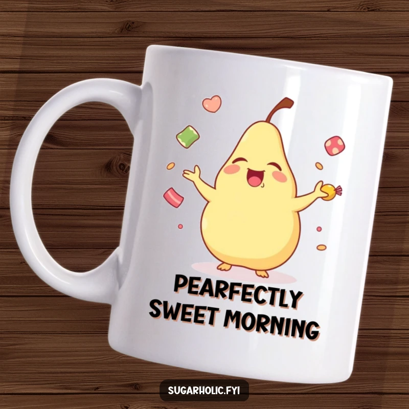 Funny laughing pear mug, a cute cartoon pear gleefully juggling small candies, showcasing a joyful and humorous fruit character.