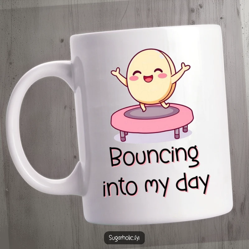 Funny macaron mug featuring a delighted character bouncing on a jelly bean trampoline, perfect for sweet lovers and a hilarious gift.