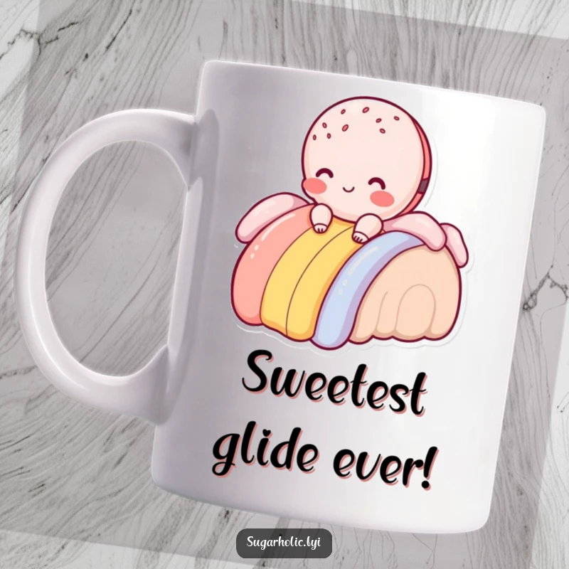 Funny blushing macaroon character sliding down a rainbow made of frosting, ceramic mug for sweet and humorous moments.