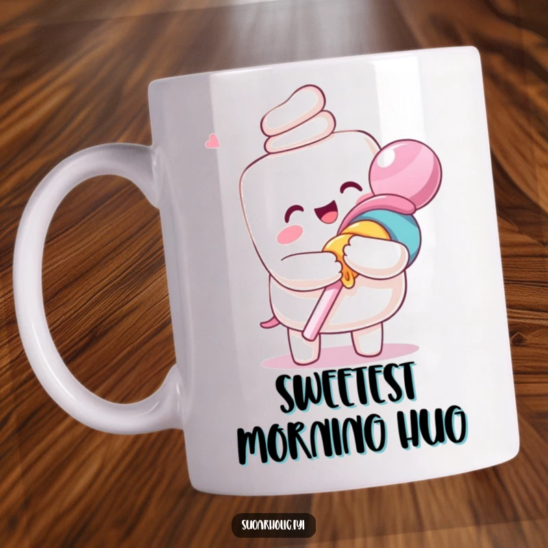 Funny mug featuring an ecstatic anthropomorphic marshmallow character joyfully hugging a giant lollipop, radiating pure happiness.