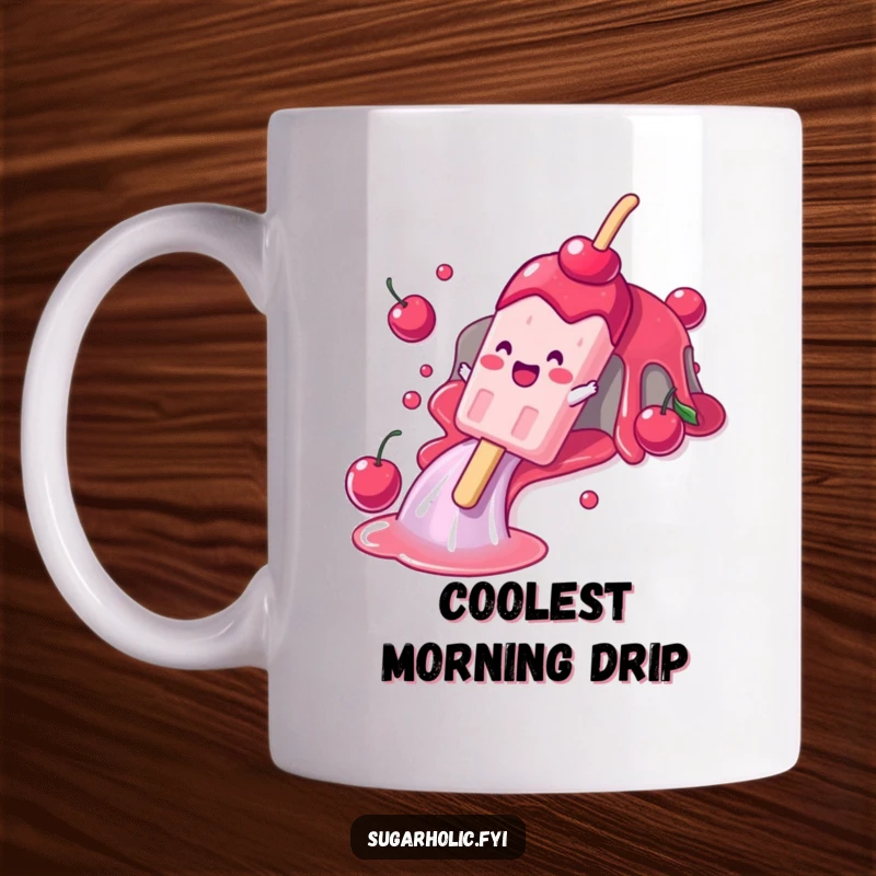 Funny mug depicting a gleeful popsicle character joyfully sliding down a cascade of vibrant cherry syrup, embodying pure, cool fun.