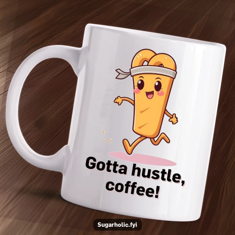 Funny mug featuring a determined pretzel stick wearing a sweatband, actively running a race, embodying grit.