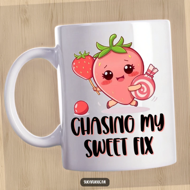 Funny mug showing a blushing strawberry character comically chasing after a piece of candy that is rolling away, capturing a sweet mishap.