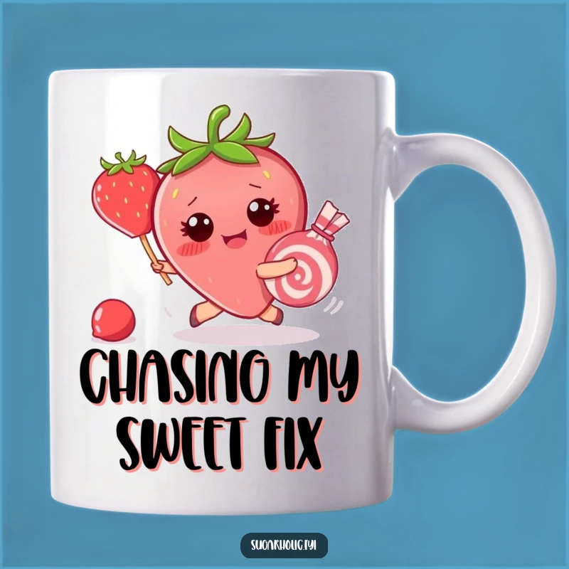 Funny Strawberry Candy Chase Mug: Embarrassed Animated Fruit Character Gift