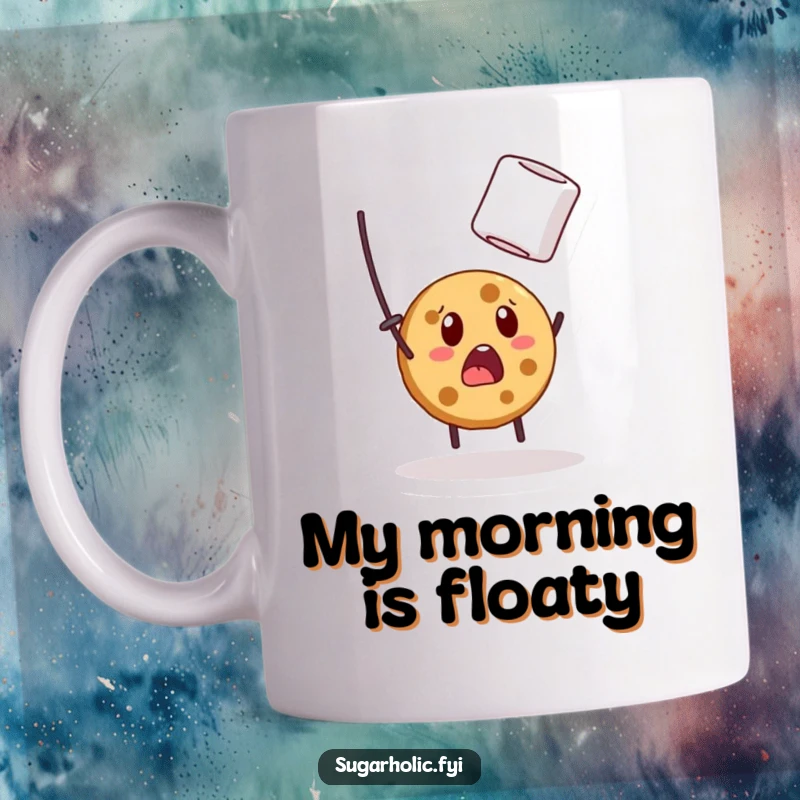 Funny mug with a surprised cookie character leaping to catch a floating marshmallow in a comical, wide-eyed effort.