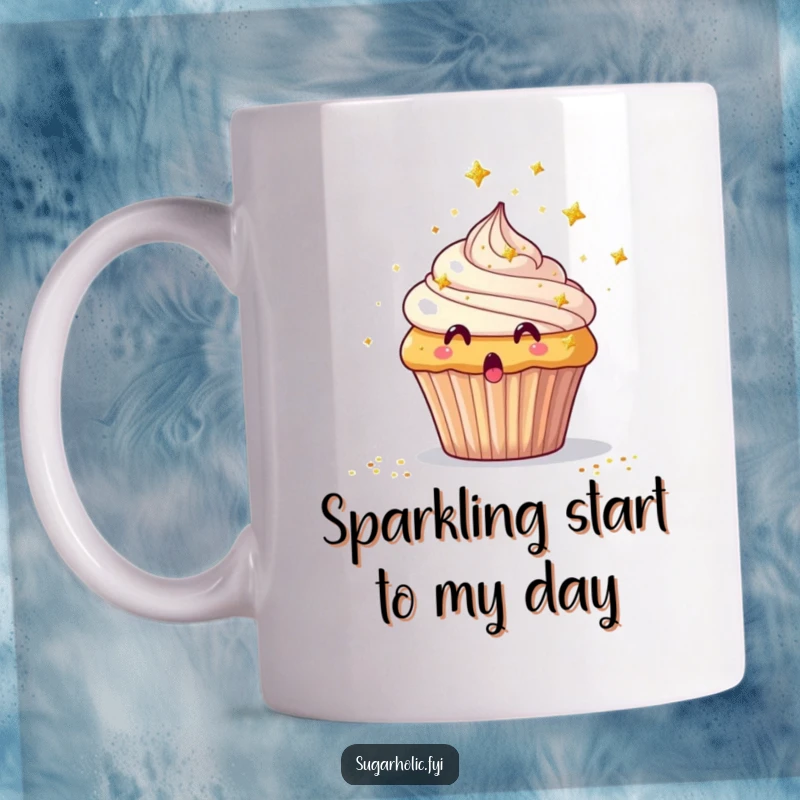 Funny Mug showing a surprised cupcake being showered with tiny edible glitter stars, capturing delightful shock.