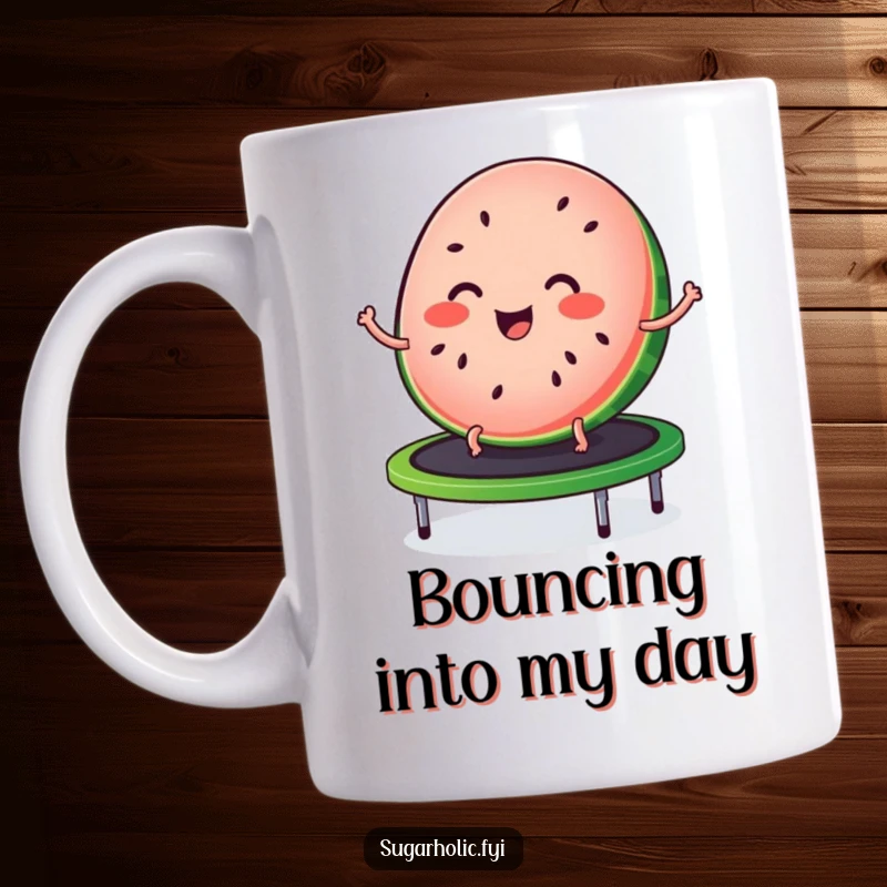 Funny mug featuring a joyful slice of watermelon with seed freckles, happily bouncing on a trampoline.
