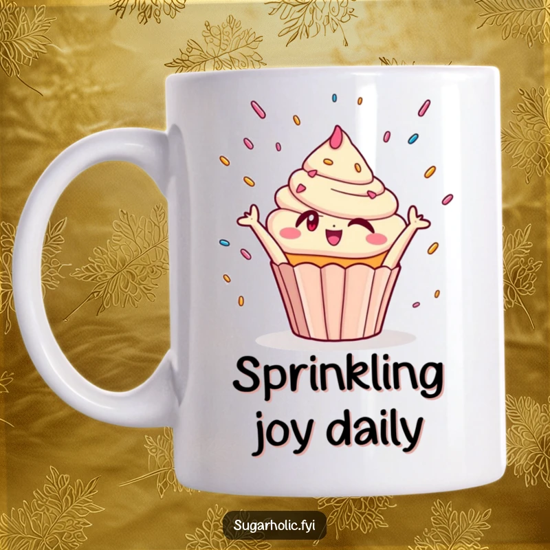 Funny Mug: A winking cupcake character joyfully reaching up towards a cascade of colorful sprinkles falling from above.