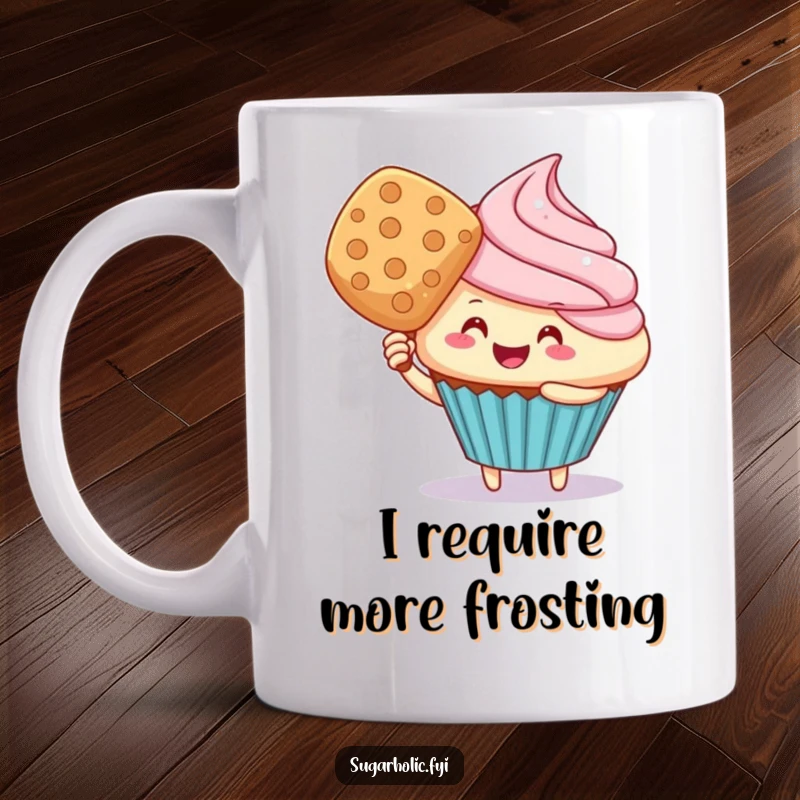 Funny cupcake character fanning with a wafer, looking hot and bothered but still smiling, on a mug.