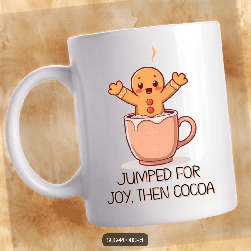 Funny mug showcasing a surprised gingerbread man comically leaping over a steaming mug of hot cocoa, full of playful panic.