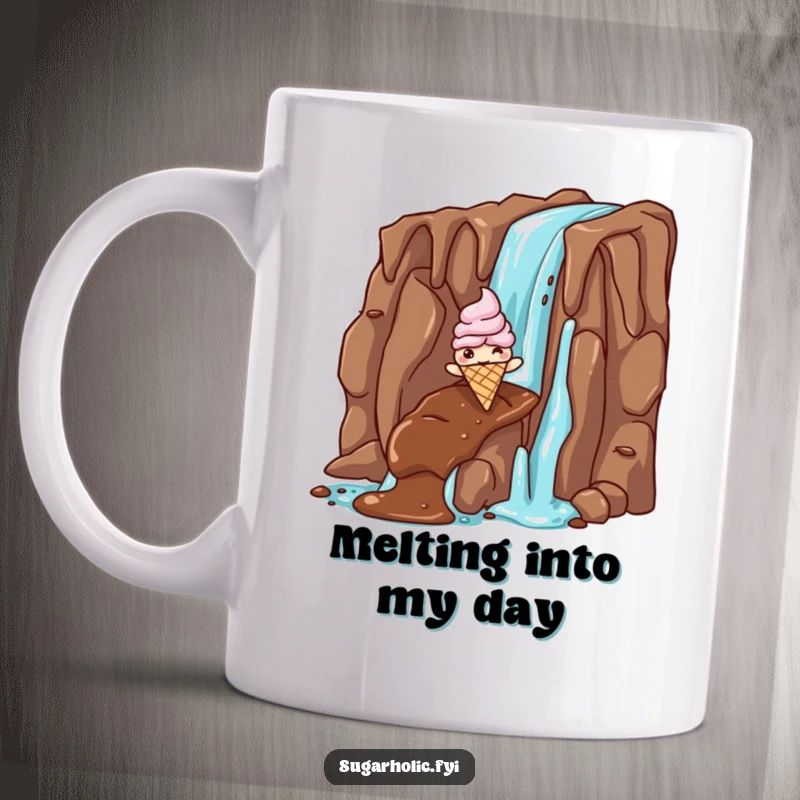 Funny ice cream cone mug featuring a giddy character sliding down a chocolate waterfall, perfect for sweet lovers and a hilarious gift.