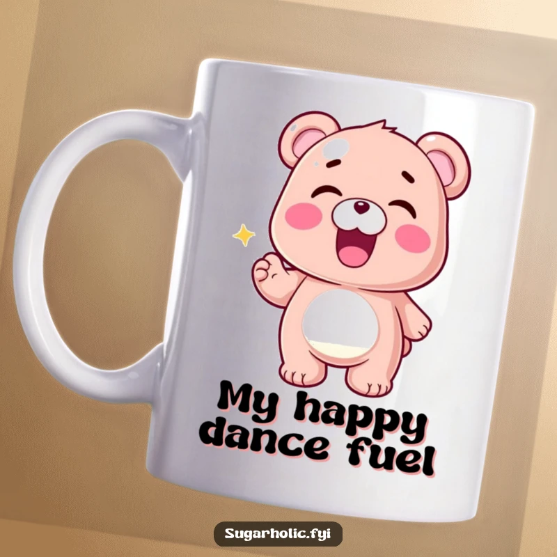 Funny Gummy Bear Mug featuring a classic gummy bear character performing an ecstatic wiggle, radiating pure happiness and celebratory vibes.