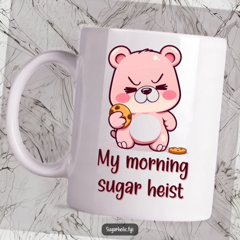 Funny mug featuring a sly gummy bear with a mischievous grin, caught red-handed trying to steal a delicious cookie.