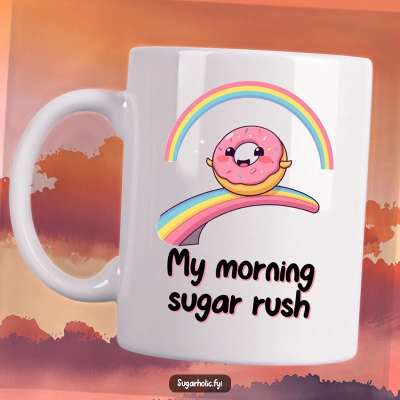 Funny donut character comically sliding with a big smile across a colorful rainbow bridge, perfect for a humorous gift.