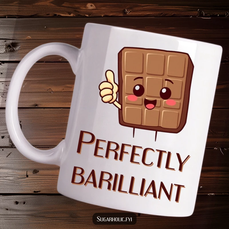 Funny Chocolate Bar Mug featuring a delighted chocolate bar character giving a triumphant thumbs up, a sweet and funny gift.