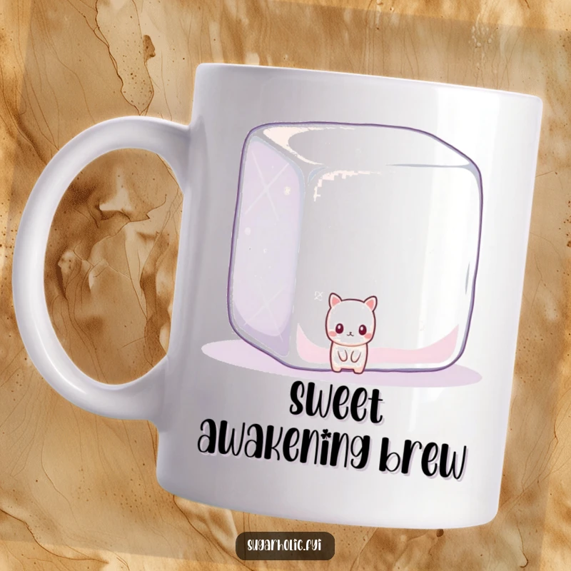 Funny shy candy character peeking from behind a giant, sparkling sugar cube, a charming mug.