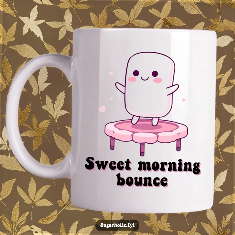 Funny mug featuring a smiling marshmallow character bouncing on a candy floss trampoline, radiating pure happiness and playful delight.