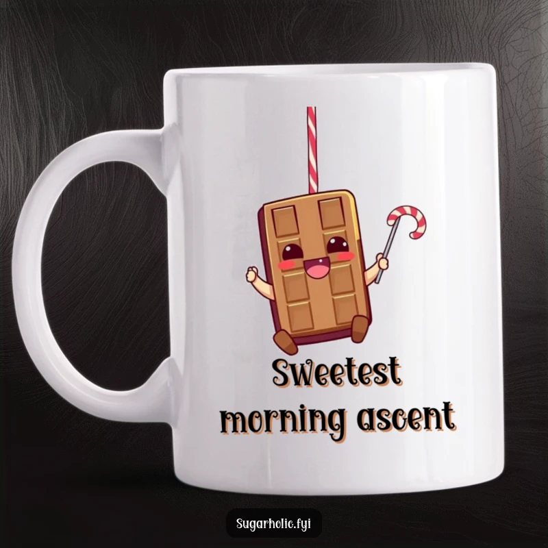 Funny mug with a thrilled chocolate bar character joyfully swinging from a dark licorice rope, illustrating pure excitement and fun.