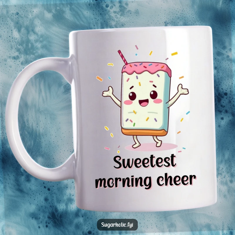 Funny Mug: A happy candy bar joyfully dancing surrounded by a shower of colorful sprinkles, conveying pure celebratory fun.