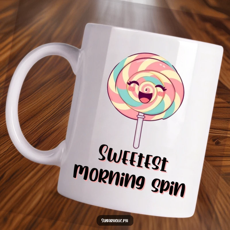Funny gleeful lollipop character spinning happily with a bright, sweet expression, a delightful mug for candy art lovers.
