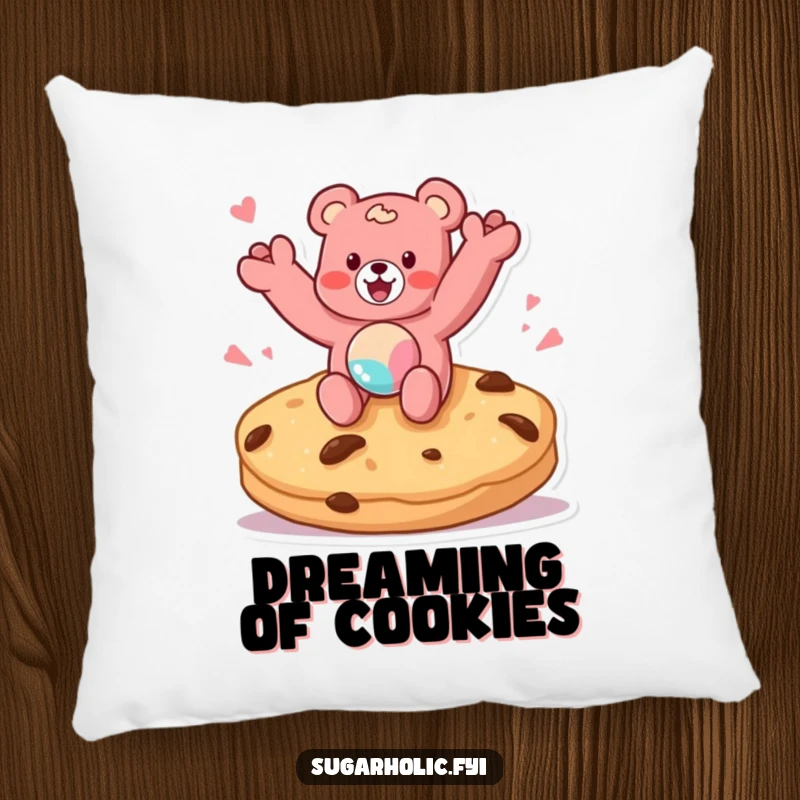Funny pillow featuring a gummy bear character jumping on a giant cookie, providing comfort with a side of sweet, whimsical humor.