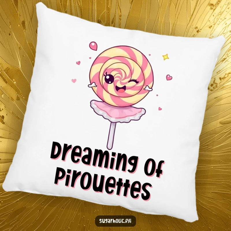 Funny Pillow showcasing a cheerful lollipop in a dizzy ballerina spin, providing decorative comfort and humorous charm.