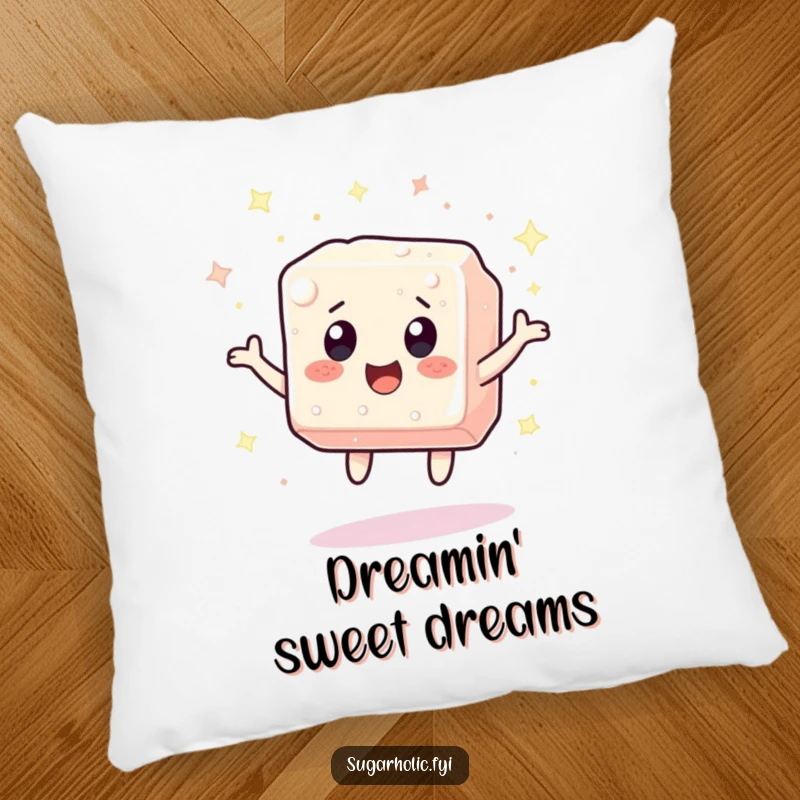 Funny sugar cube character bouncing with excitement, surrounded by sparkles, depicted on a soft, plush pillow for comfortable, humorous relaxation.