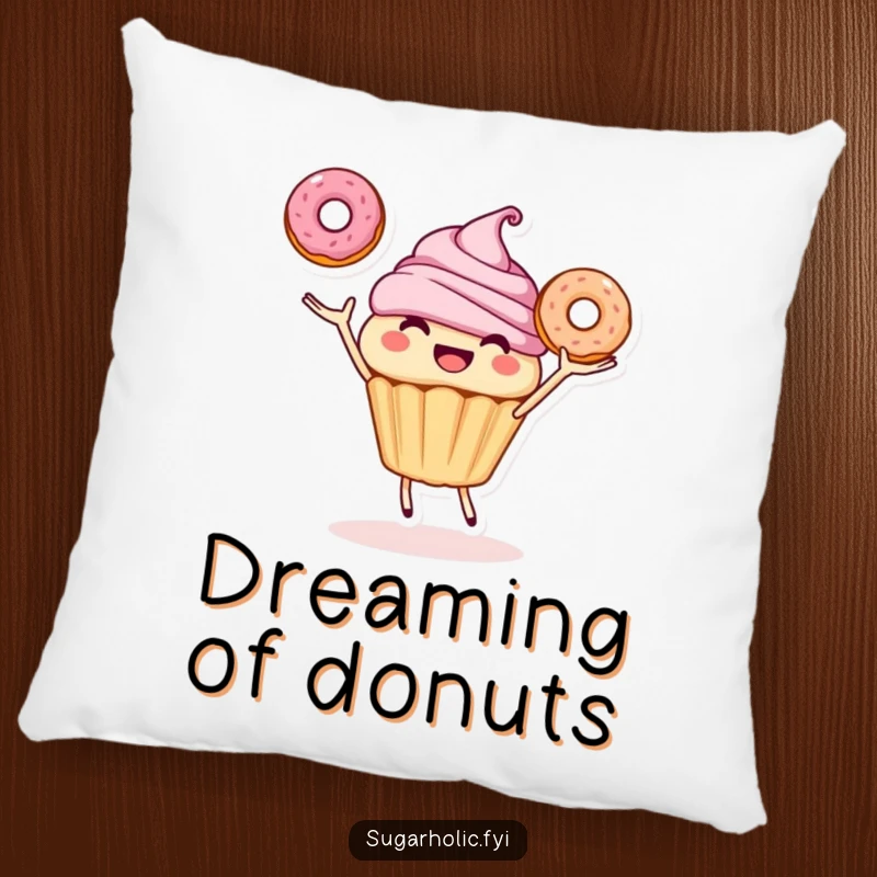 Funny pillow showcasing a smiling cupcake character joyfully juggling three donuts, offering plush comfort and sweet, humorous charm.