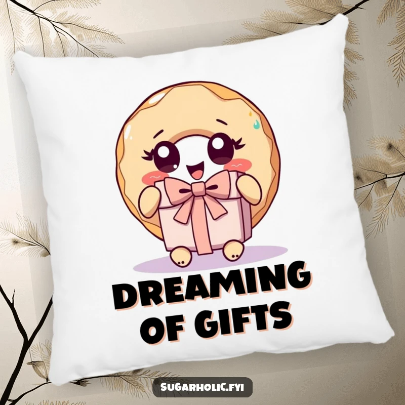 Funny donut character with wide eyes, unwrapping a gift on a soft, comfortable, and humorous pillow.