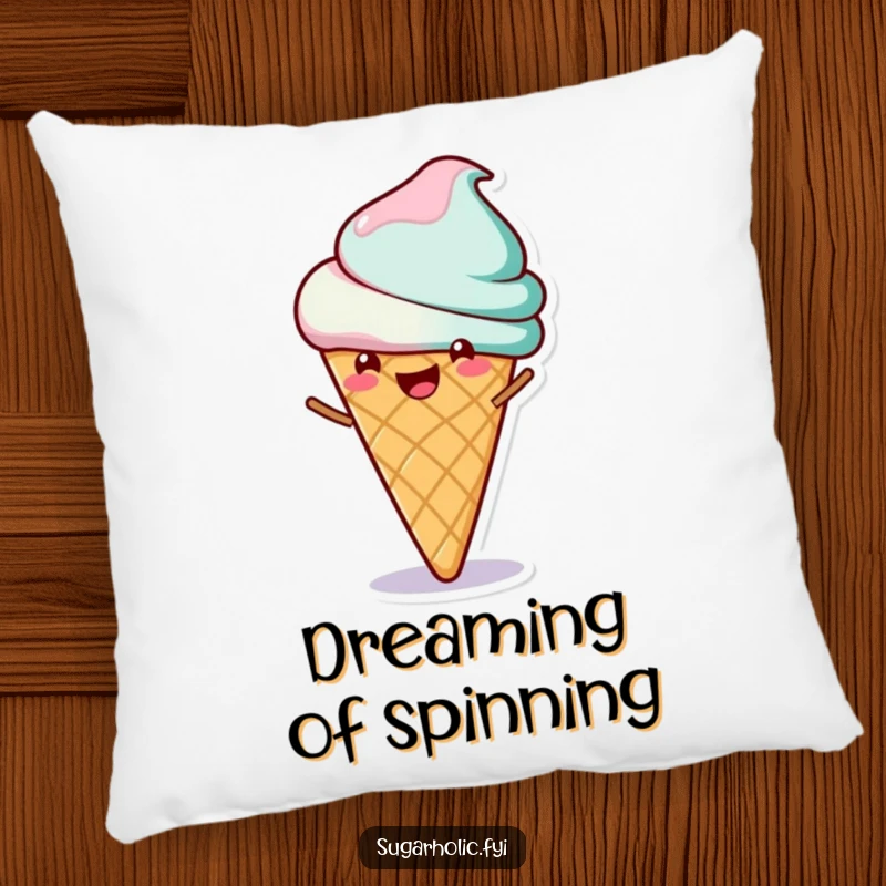 Funny pillow showing a cheerful ice cream cone character happily spinning, bringing a sweet and humorous element to your decor.