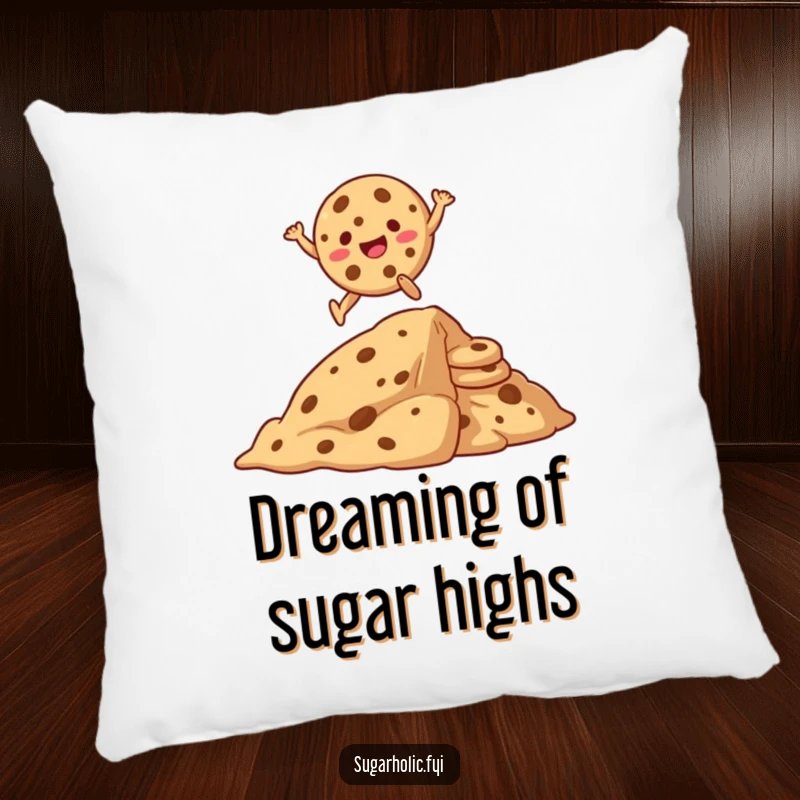 Funny pillow design of a happy cookie cartoon character performing an acrobatic leap over a huge pile of baked cookies.