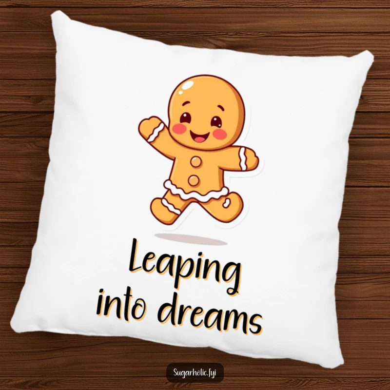 Funny Gingerbread Man Pillow featuring a blushing character in a happy leap, a soft and funny gift.