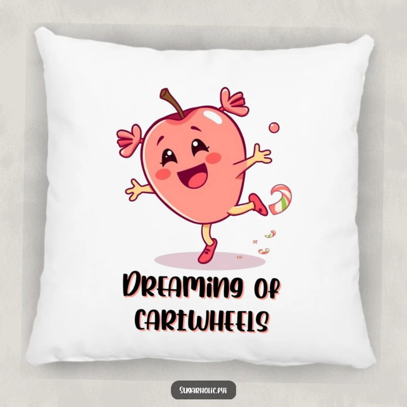 Funny pillow with a thrilled candy apple character performing a cartwheel, leaving a candy trail, adding a soft touch of excitement.