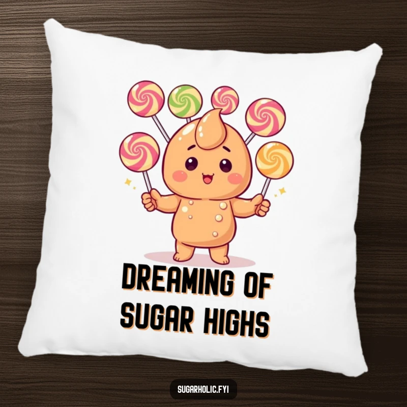 Funny Caramel Candy Pillow: A plush cushion featuring a blushing character hilariously juggling colorful gumdrops, perfect for comfort.