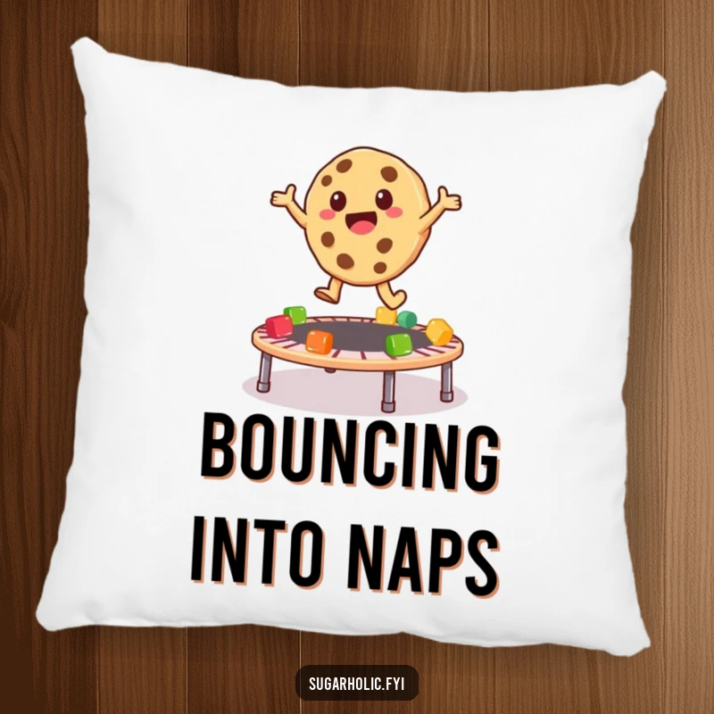 Funny Pillow with a plush cookie character joyfully bouncing on a trampoline made of colorful gummy bears, offering soft comfort.