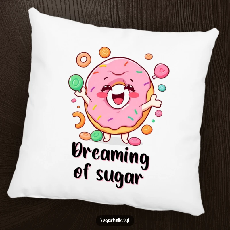 Funny donut pillow featuring a smiling character joyfully juggling colorful candy, comfy and hilarious accent for sofas, beds, and sweet-themed rooms.