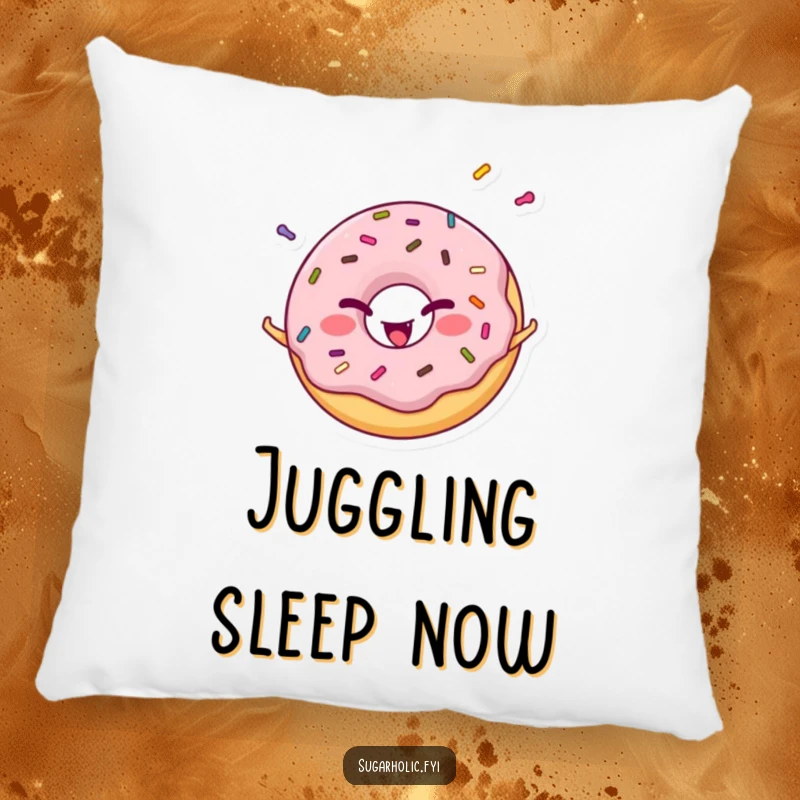 Funny cheerful donut character winking while juggling vibrant sprinkles, a soft and humorous accent pillow.