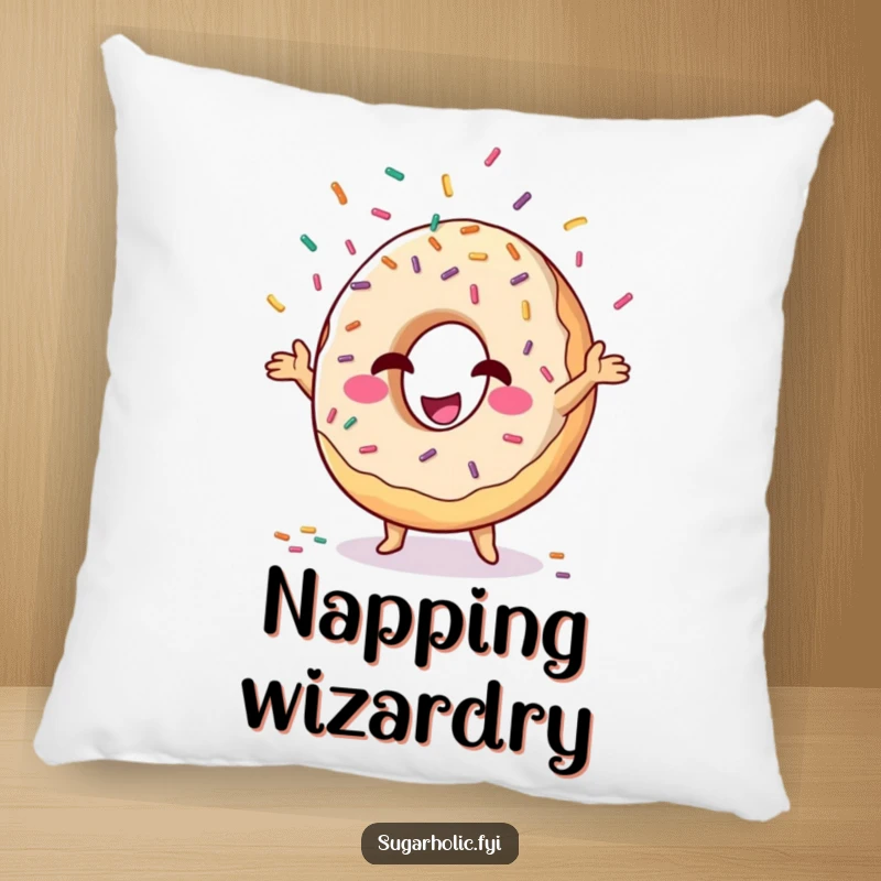 Funny donut character juggling sprinkles with a grin, decorative throw pillow, comfortable and witty home accent.