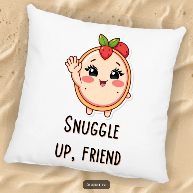 Funny pillow featuring a blushing fruit tart with eyelashes waving enthusiastically, perfect for adding sweet decor.