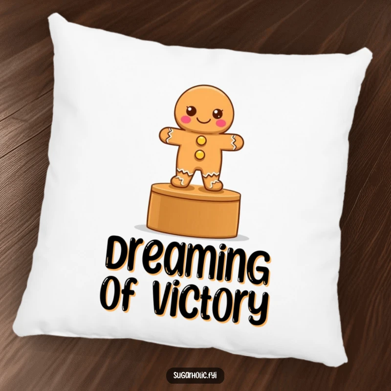 Funny pillow featuring a proud gingerbread cookie with button eyes on a podium, bringing a sense of accomplishment.