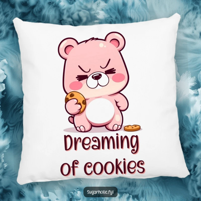 Funny pillow with a sly gummy bear, mischievous grin, caught in the act of stealing a cookie, perfect for cozy spaces.