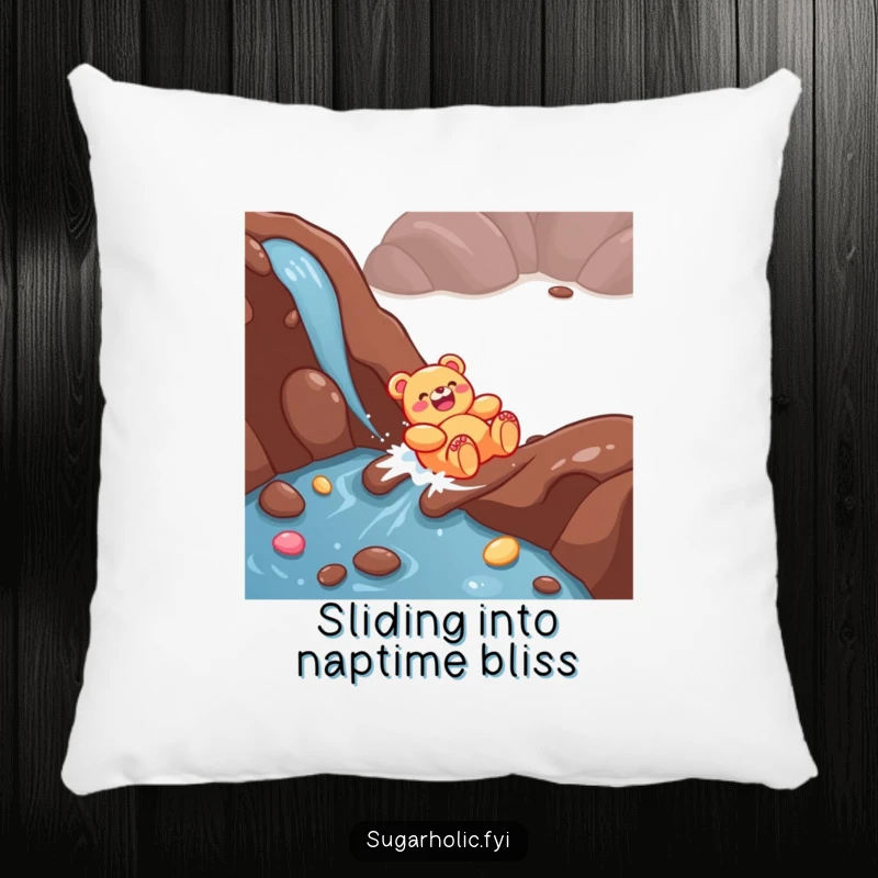 Funny Gummy Bear Pillow: A plush cushion depicting a giggling character gleefully sliding down a chocolate river, for ultimate comfort.