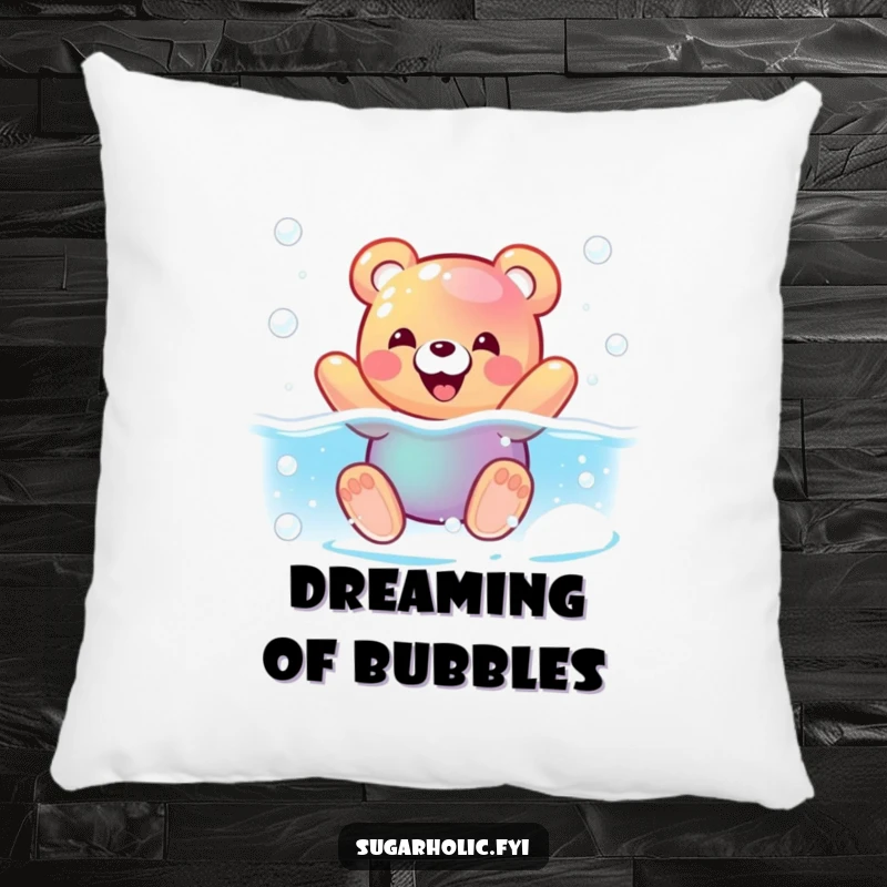 Funny pillow featuring a pleased gummy bear character swimming in a fizzy soda pool, offering soft comfort and humorous cheer.