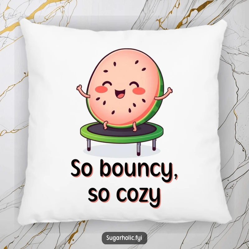 Funny pillow featuring a joyful slice of watermelon with seed freckles, bouncing on a trampoline, perfect for summery decor.