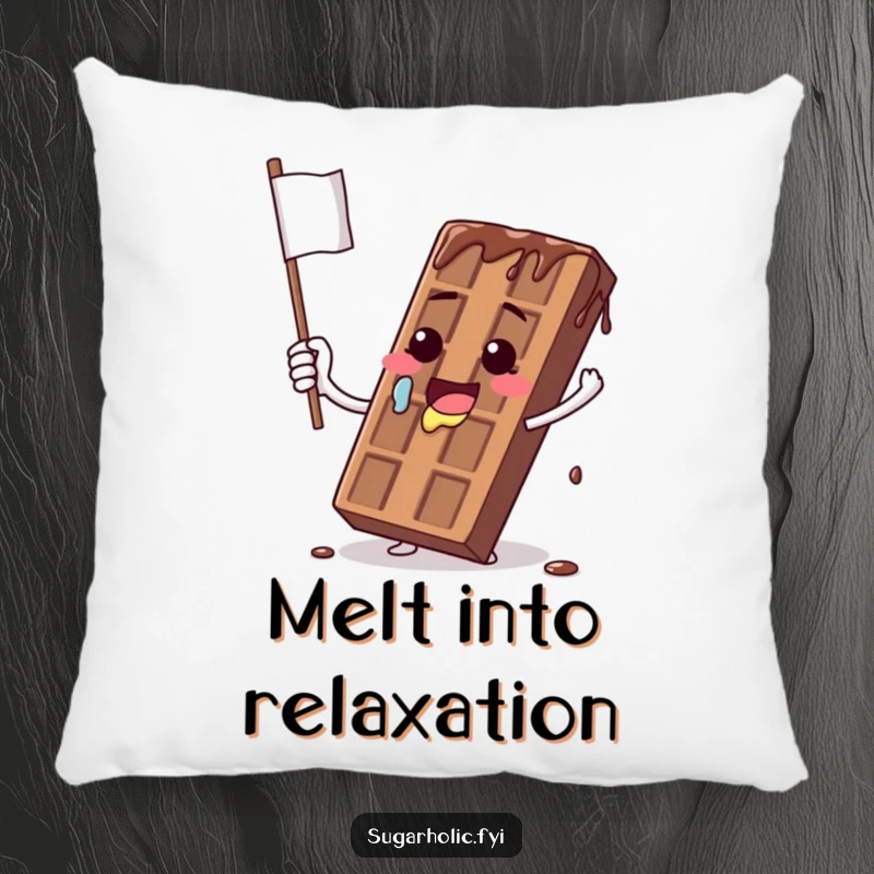 Funny pillow with a melting chocolate bar character comically waving a dripping flag, offering a soft, sweet, and humorous accent.