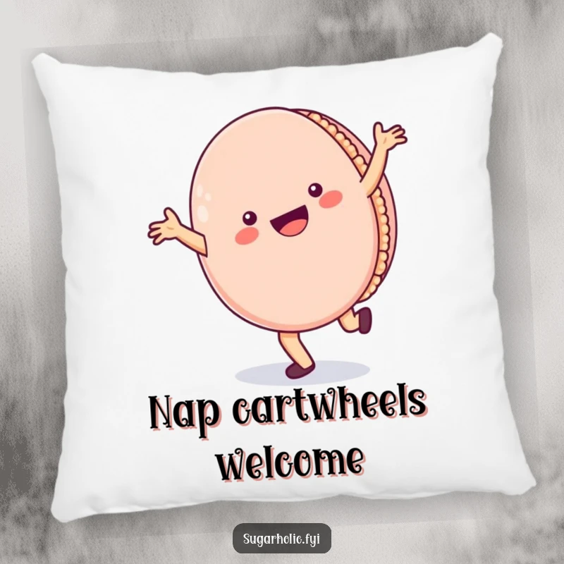 Funny Pillow: A soft cushion featuring a cheerful macaron character doing a cartwheel with a wide smile, adding playful comfort.