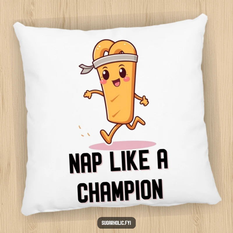 Funny pillow featuring a determined pretzel stick wearing a sweatband, running a race, perfect for sporty decor.