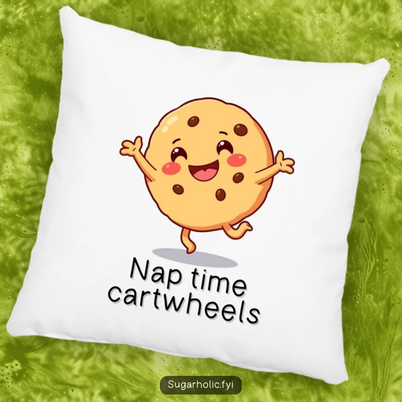 Funny Pillow featuring a smiling cookie character captured mid-cartwheel with a look of pure delight.