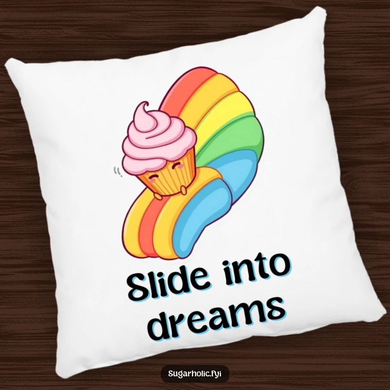 Funny Pillow with a plush cupcake character giggling as it slides down a fantastical rainbow made of creamy frosting.