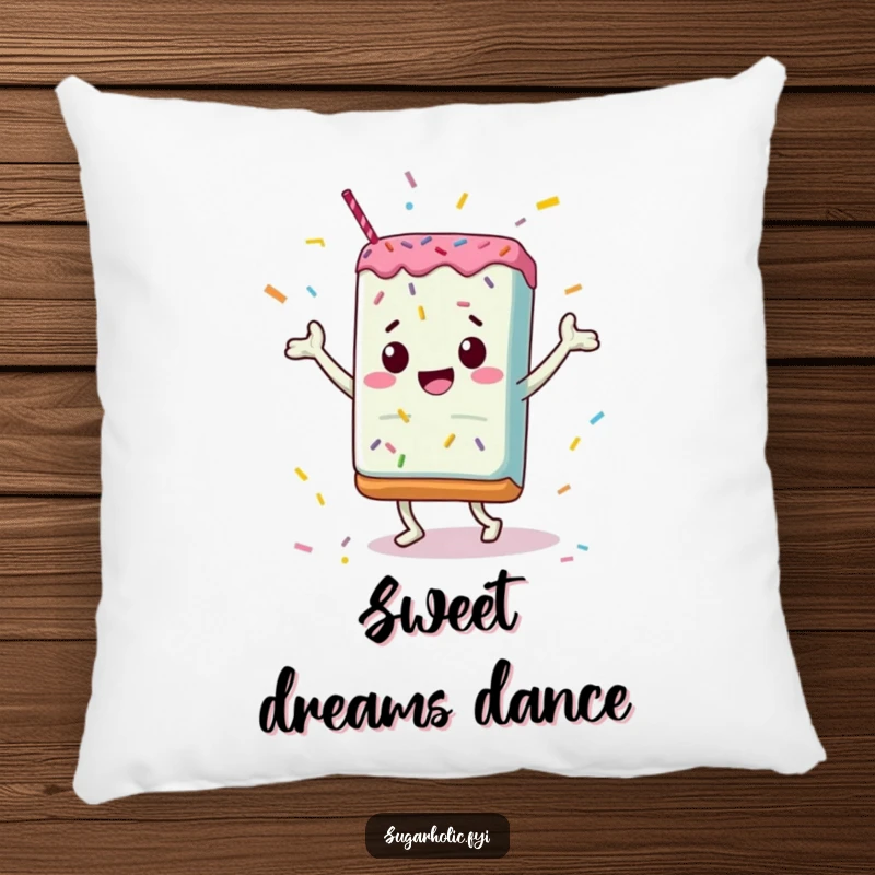 Funny Pillow: A jubilant candy bar dancing surrounded by sprinkles, offering soft, sweet, and humorous comfort.